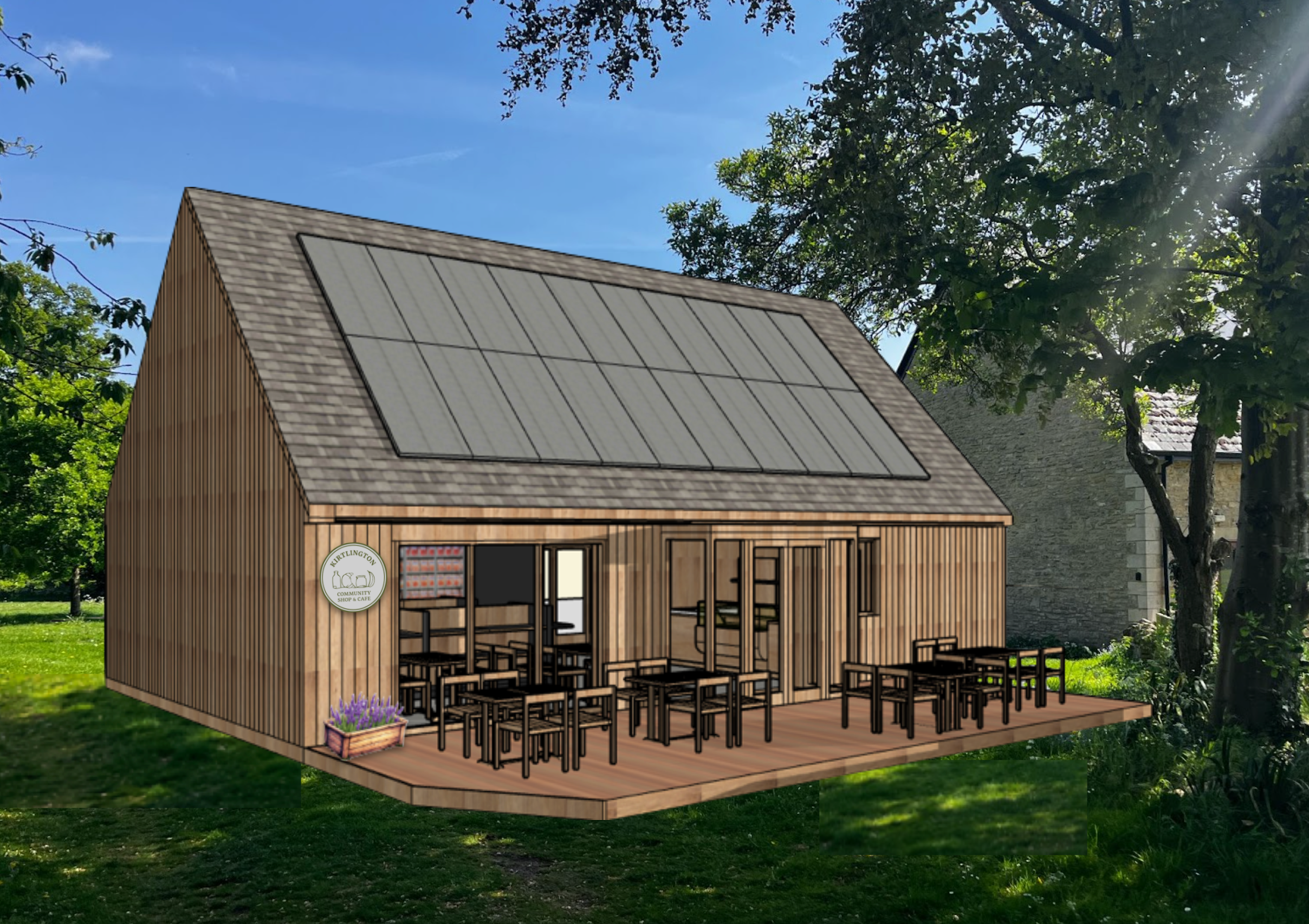 south facing kirtlington shop concept art with lavender pots and shop sign and rays of sunlight